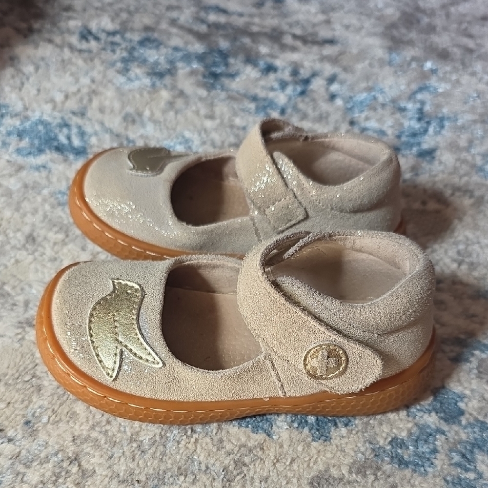 Livie & Luca Metallic Beige Mary Janes with Gold Bird Accent